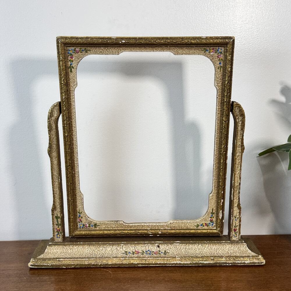 Antique Gold & Cream Floral Vanity Swivel Picture Frame Stand Desktop Dresser